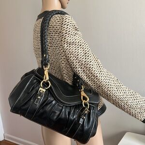La Gioe Di Toscana Shoulder Handbag Black Gold Snake Embossed Leather